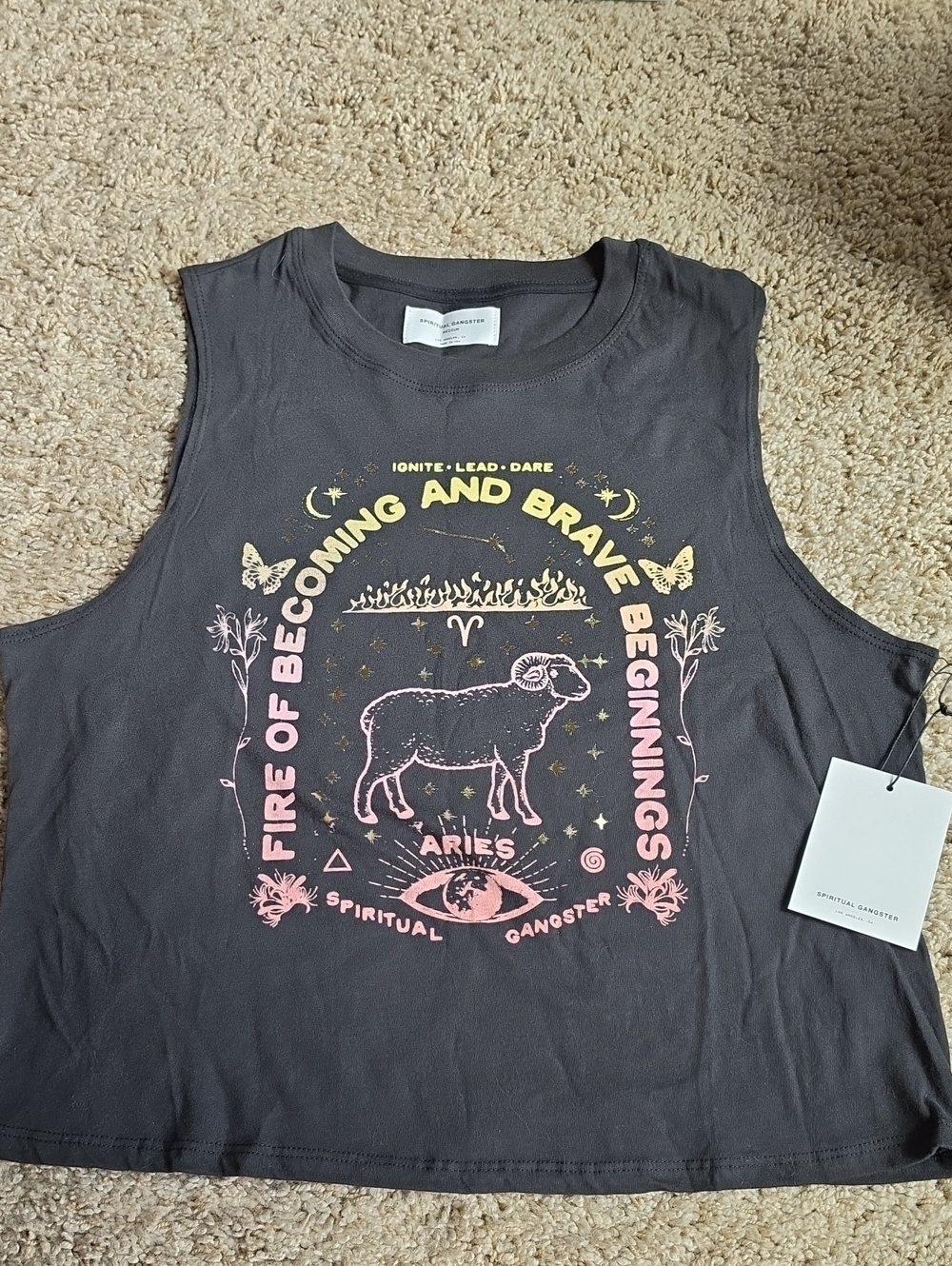 Spiritual Gangster Aries Graphic Muscle Tank - Gray with Yellow & Pink Print